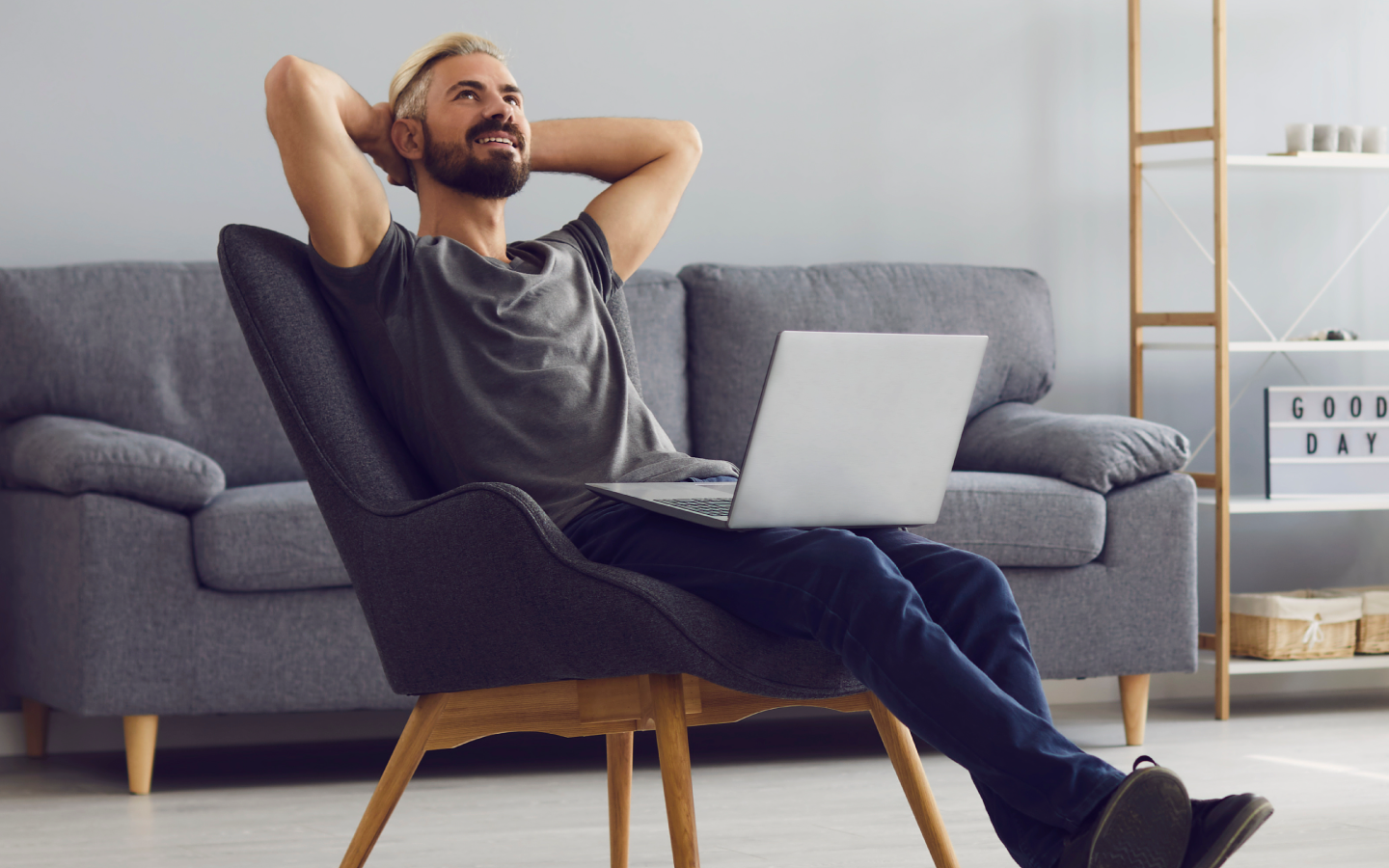 Man relaxing while working with mind at ease